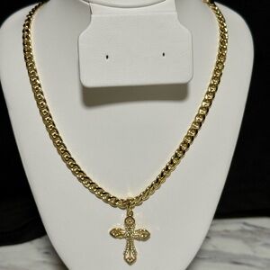 Sold on EBay *14K Gold Plated Cuban Link Necklace with Pave Cross Pendant